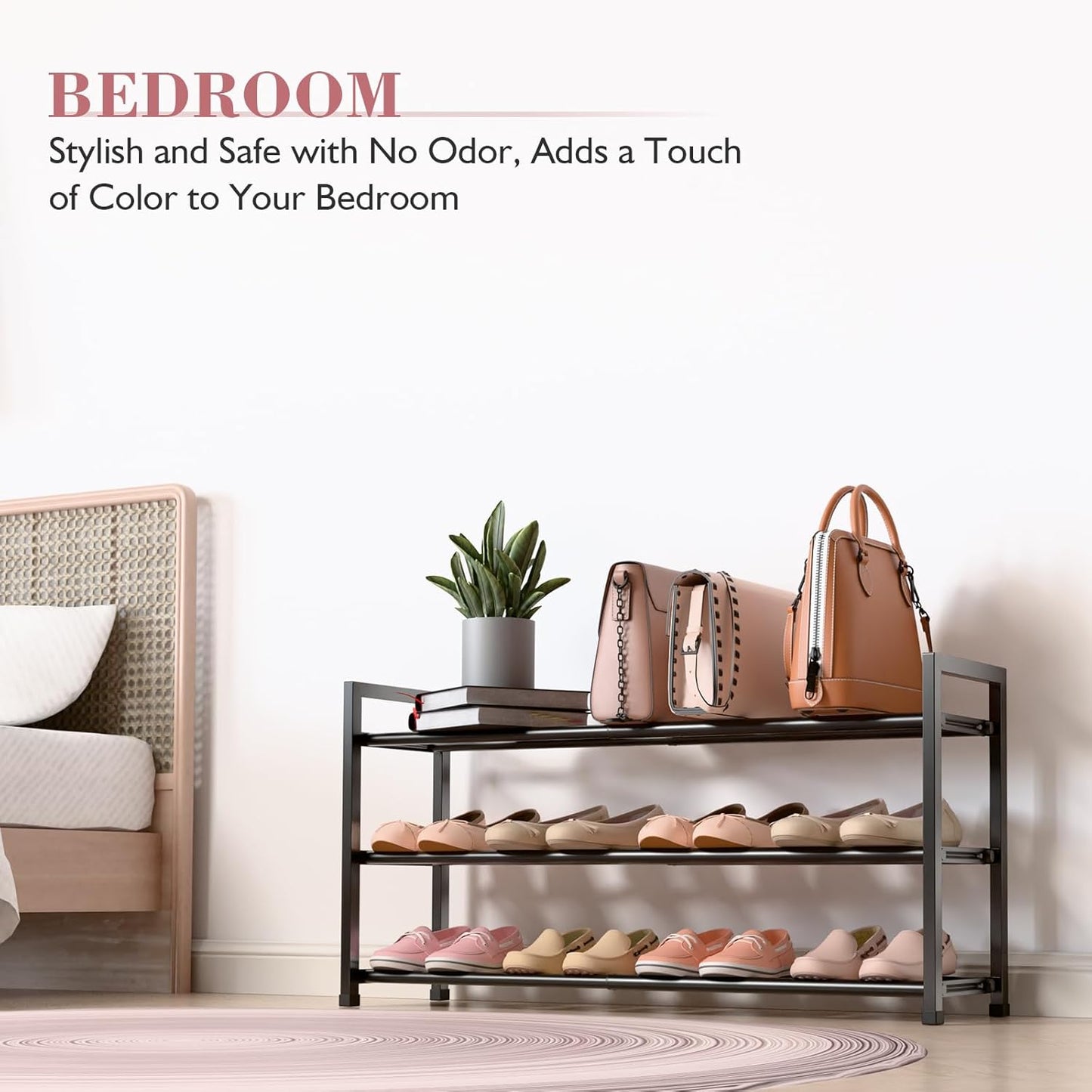 Bumusty 3-Tier Expandable Shoe Rack for Closet, 18“-33” Adjustable Shoe Rack for Small Space, Small Shoe Organizer for Front Door, Sturdy Metal, Black