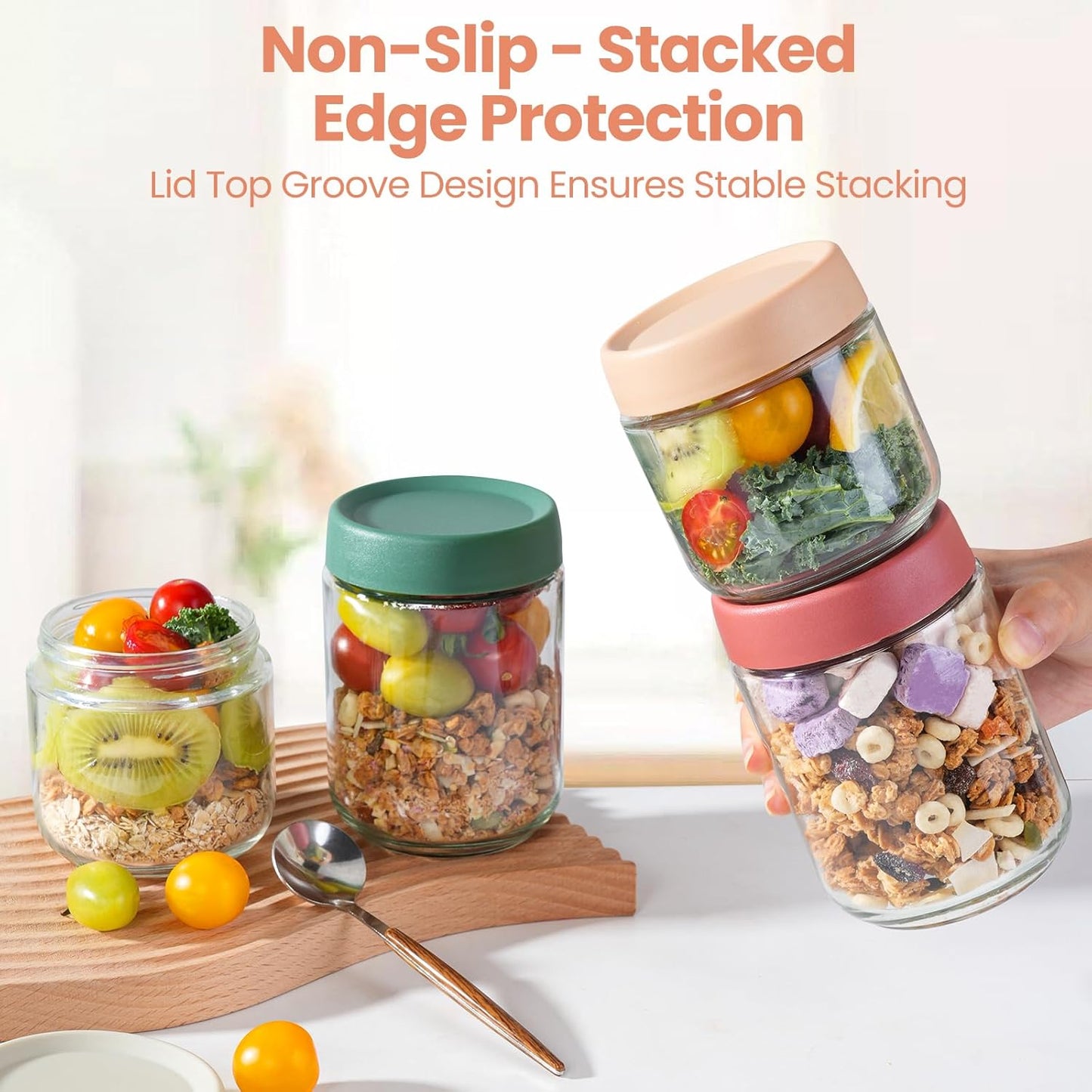 12Pack Overnight Oats Containers with Lids, 16oz, 8oz & 4oz Glass Jars with Airtight Lids, Wide mouth Mason Salad jars, Glass Food Storage Containers for Yogurt Chia Pudding Snacks Cereal & Spices