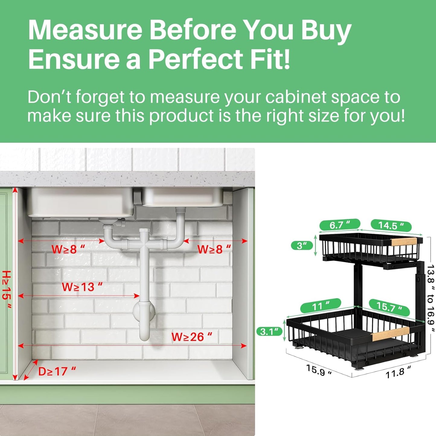 Kitstorack Under Sink Organizer, 2 Tier Under the Sink Storage, Slide out Pull out Cabinet Organizer Shelf, Metal Sliding Drawer for Kitchen Bathroom Pantry Closet Organization Rack, Black, 2 Pack
