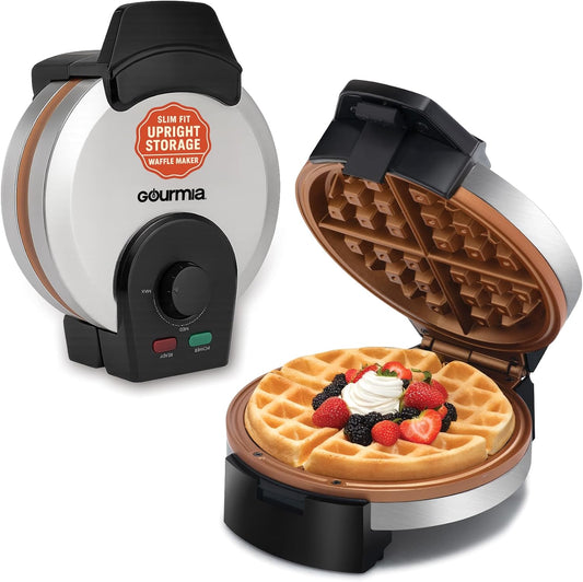Gourmia Belgian Waffle Maker – Compact Design with Upright Storage, Adjustable Browning, and Easy-Clean Nonstick Ceramic Plates, Stainless Steel