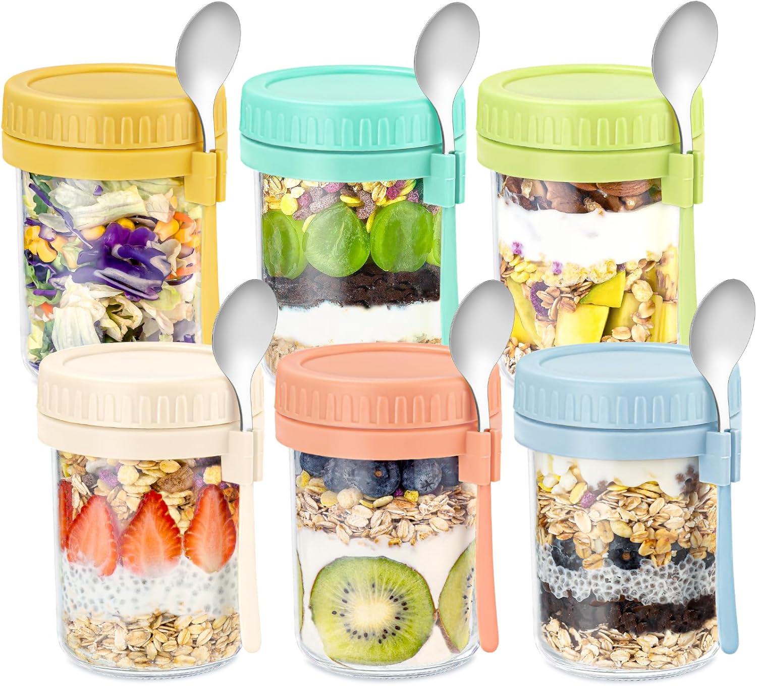 DRKIO 6 Pack Overnight Oats Containers with Lids and Spoons 16 Oz Glass Mason Jars for Overnight Oats Leak Proof Oatmeal Container Great for Cereal Fruit Vegetable Milk Salad Yogurt Meal Prep