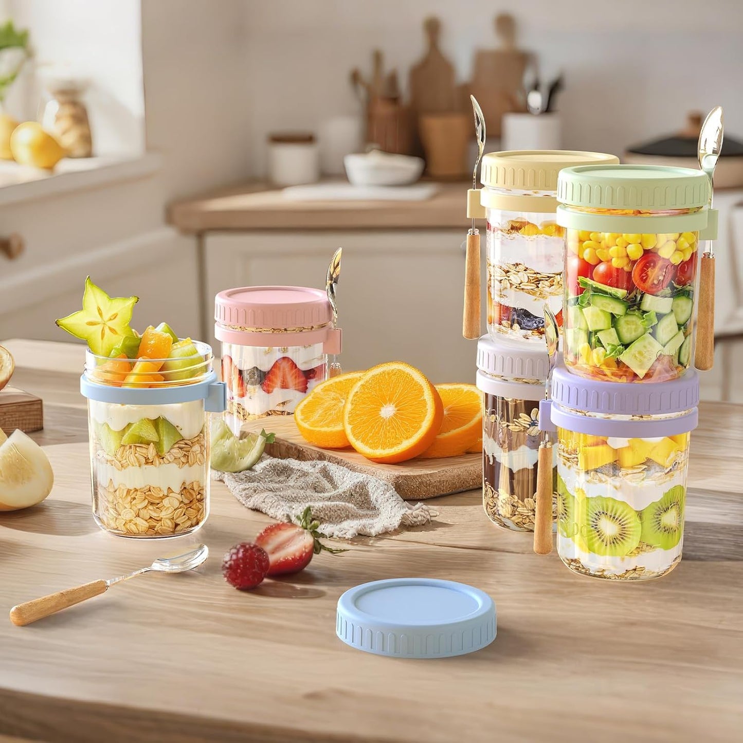 16oz Overnight Oats Containers with Lids and Spoons, 6 Pack Wide Mouth Mason Jars with Airtight Lids, Overnight Oats Jars for Salad, Chia Seed, Cereal, Yogurt