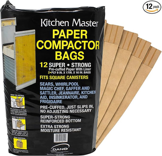Kitchen Master Super Strong Compactor Bags (12 Pack) | Precuffed, Garbage Compactor Bags, Kitchen Liner, Paper Trash Bin Press, Kitchen Essential, Paper Garbage Press Liner
