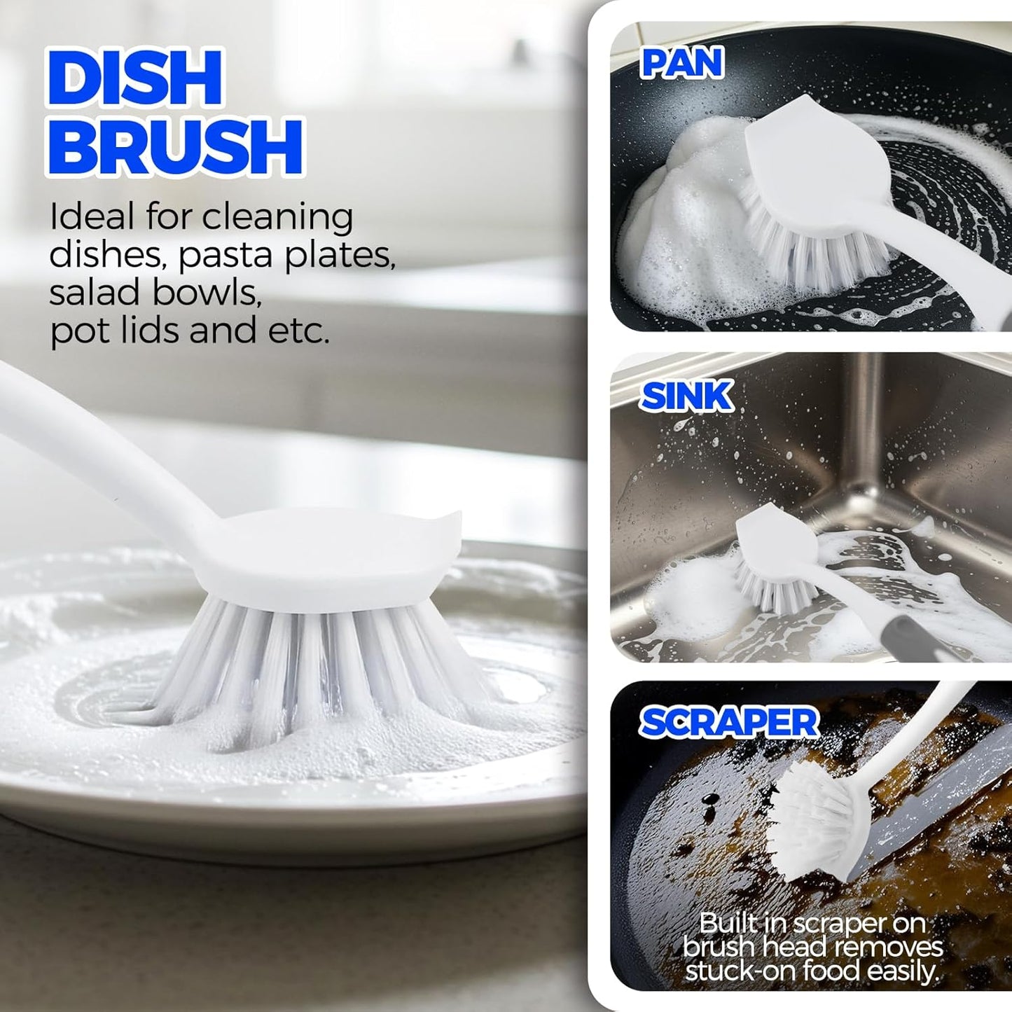 Holikme 6 Pack Dish Brush Set with Bottle Brush, Dish Scrub Brush, Pan Brush and 3 Straw Brushes, Deep Cleaning Handle Brush with Scraper Tip for Kitchen Sink Dishes Bottle Cup Pot and Pans (Gray)