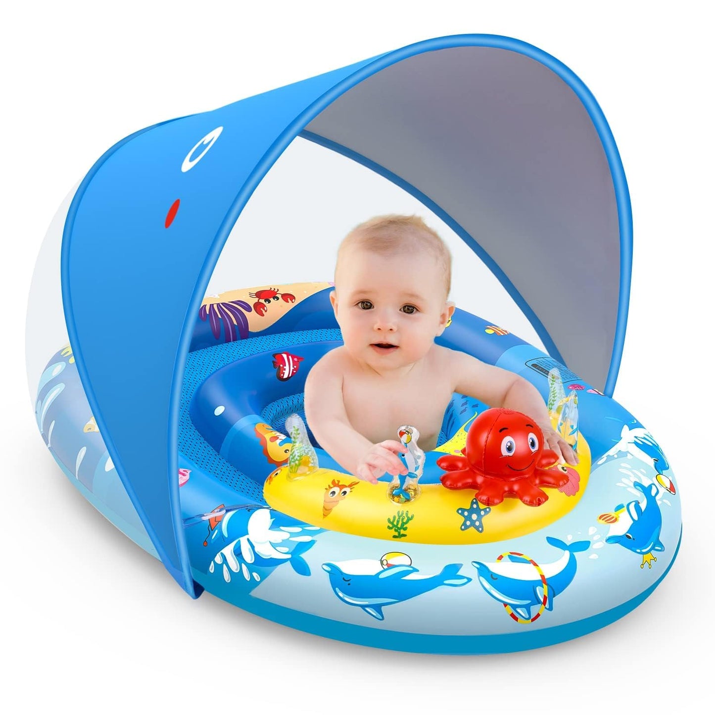 EZIGO Baby Pool Float with Canopy UPF50+ Sun Protection, Inflatable Kids Pool Floats with Ocean Animal Toys for Baby 6-36 Months, Infant Swimming Float with Adjustable Safety Seat for Boys Girls