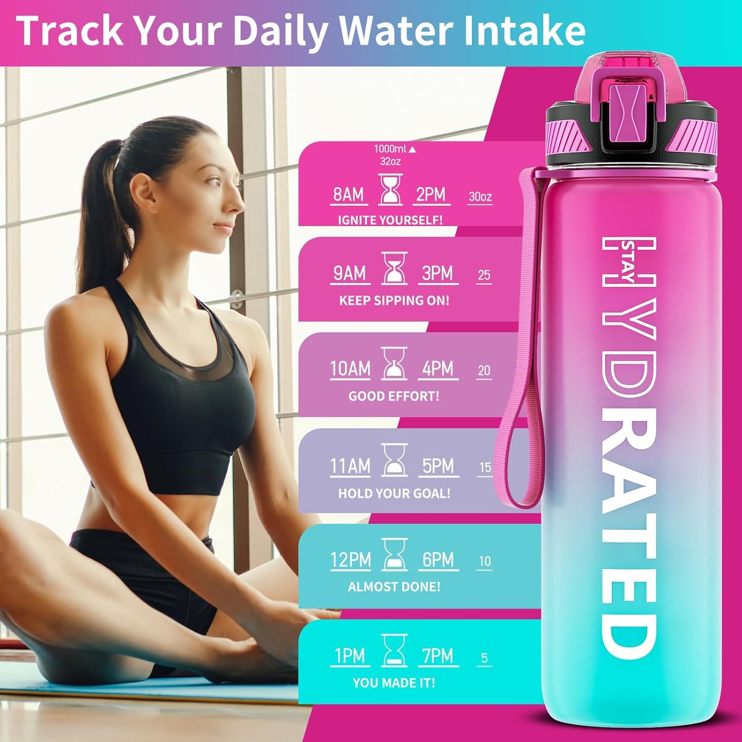 Water Bottle with Straw, 32oz Motivational Water Bottles with Time Marker to Drink, Tritan BPA Free, 1L Sports Water Bottle with Carry Strap LeakProof for Women Gym Fitness Outdoor (1 Pack)