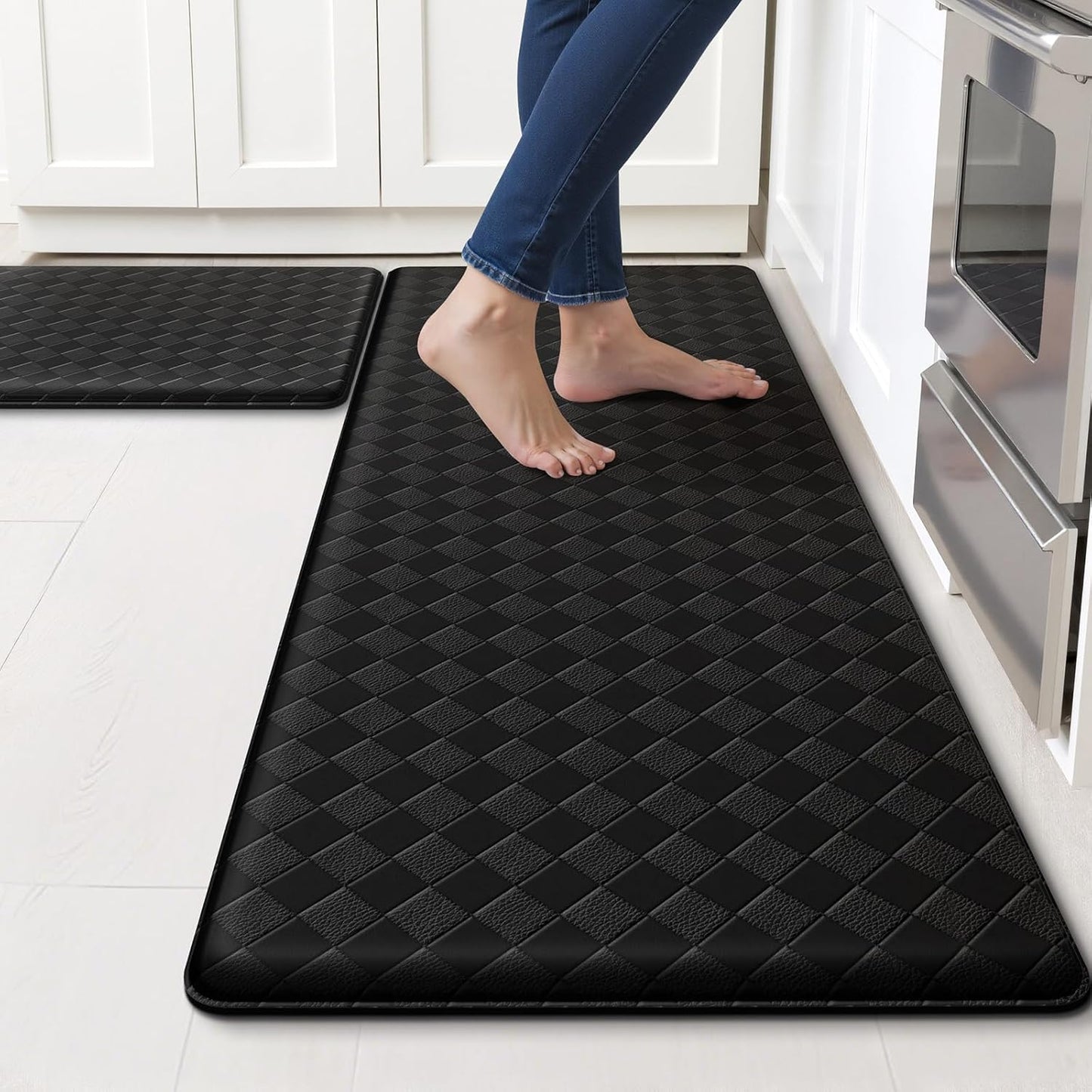 Kitchen Mats, 2PCS Kitchen Rugs, Cushioned Anti Fatigue Kitchen Mats for Floor, Non-Slip Standing Sink Mat, Waterproof Kitchen Rug Set for Kitchen Floor Office,17.3"×30"+17.3"×47" Black
