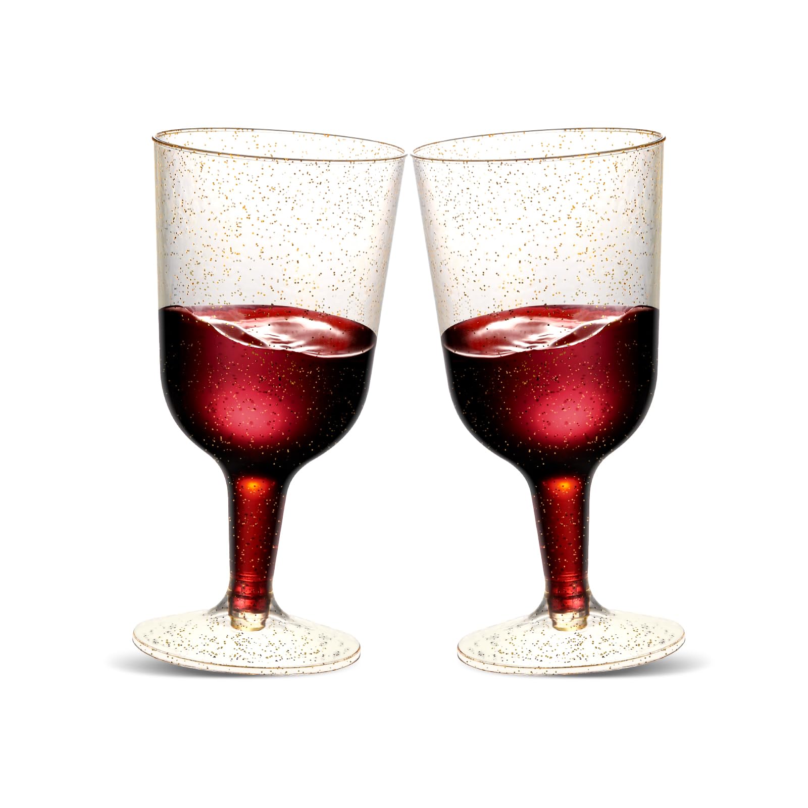 TENYASEN 30 Pack 6oz Plastic Wine Glasses – Disposable Gold Glitter Mini Stemware with Removable Base for Weddings, Parties, Champagne, Toasting