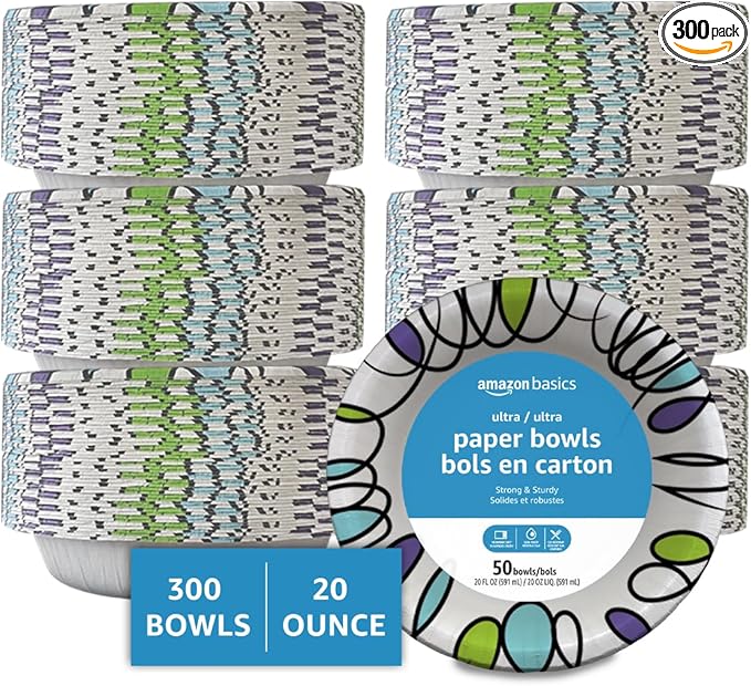 Basics Ultra Disposable Paper Bowls, 20 Oz, Microwave Safe, Soak Proof, Strong & Sturdy, White, 300 Count (6 Packs of 50)