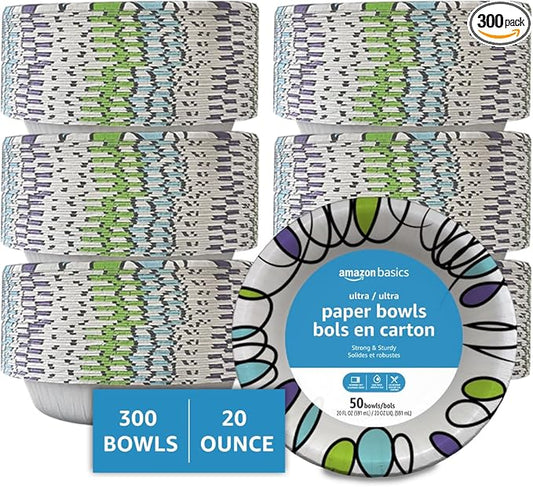 Basics Ultra Disposable Paper Bowls, 20 Oz, Microwave Safe, Soak Proof, Strong & Sturdy, White, 300 Count (6 Packs of 50)