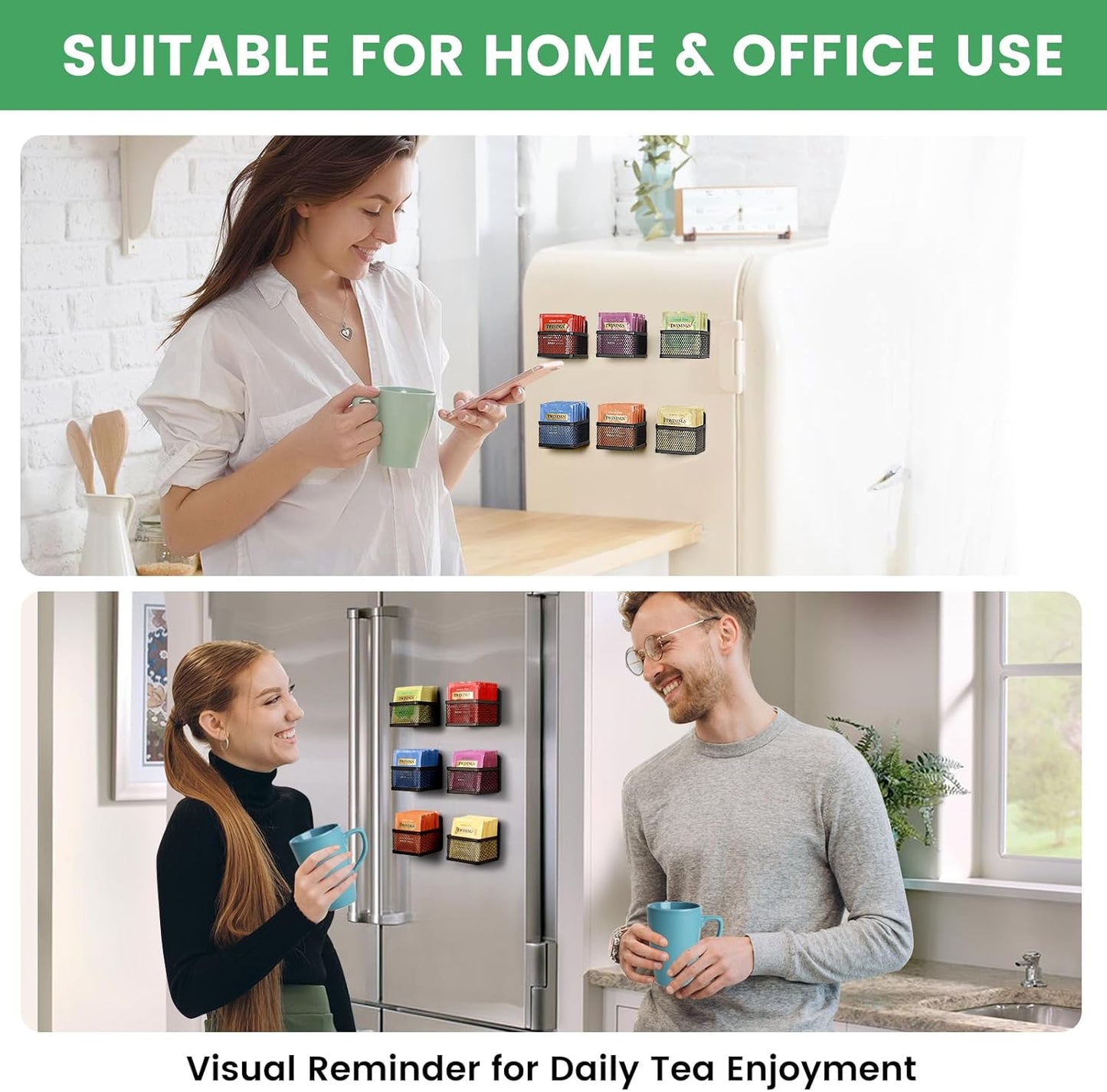 Magnetic Tea Bag Organizer - 6-Piece Metal Tea Organizer for Refrigerator, Kitchen Shelf and Counter, Stylish & Space Saving Tea Organizers and Storage