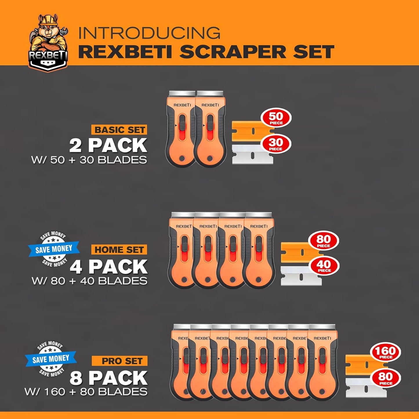 REXBETI Razor Blade Scraper Tool, 2 Pack Razor Scraper Set with Extra 80Pcs Razor Blades -30Pcs Metal and 50Pcs Plastic Blades, Cleaning Scraper Tool, Cooktop, Paint, Glass Scraper