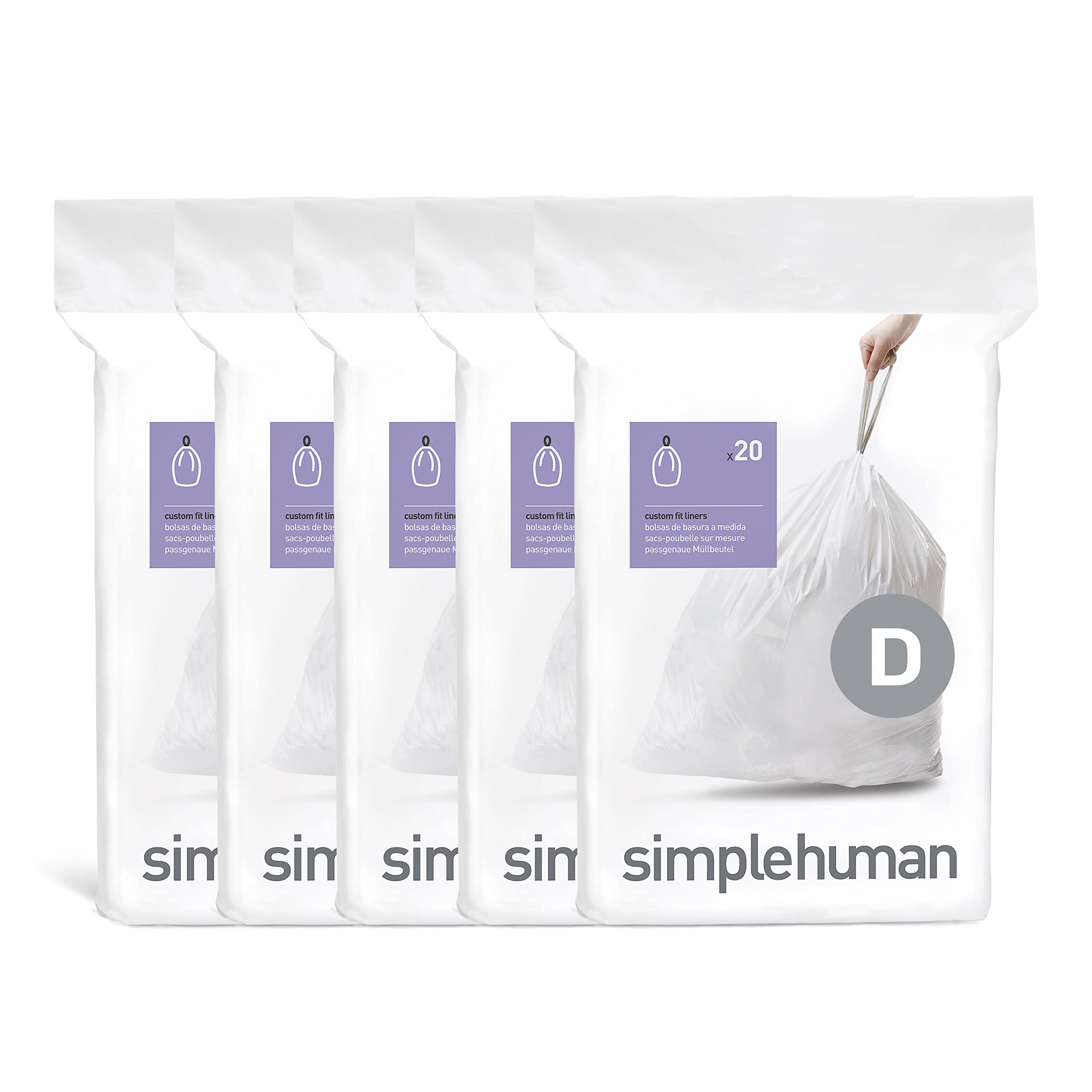 simplehuman Code D 100 Count Custom Fit Liners, Drawstring Kitchen Trash Bags, One-by-One Mess-Free Dispense, Extra Thick & Double Seamed, 50% PCR Plastic, 20 Liter / 5.3 Gallon, White
