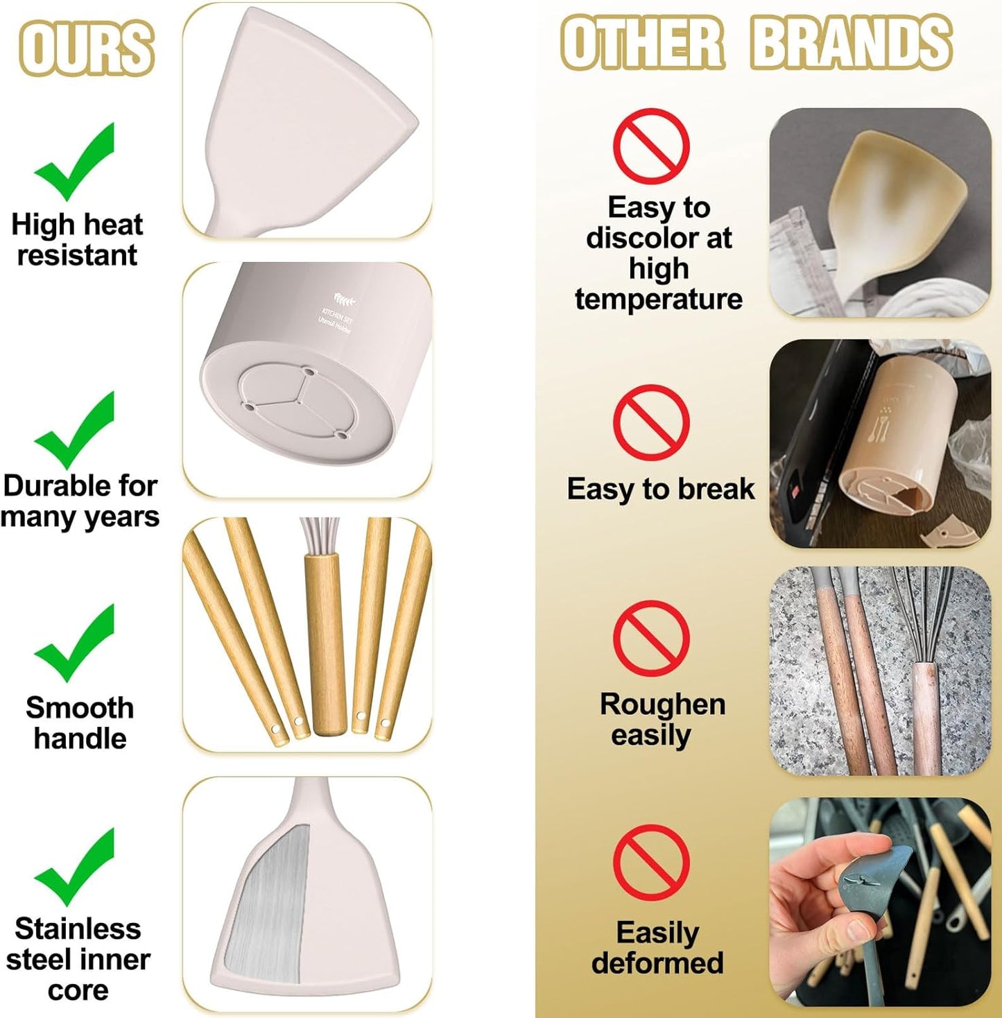 Cooking Utensils Set- Umite Chef Khaki Silicone Kitchen Utensils Set, 34PCS Heat Resistant Kitchen Gadgets Tools Set with Grater, Wooden Handle Kitchen Spatula Set for Nonstick Cookware