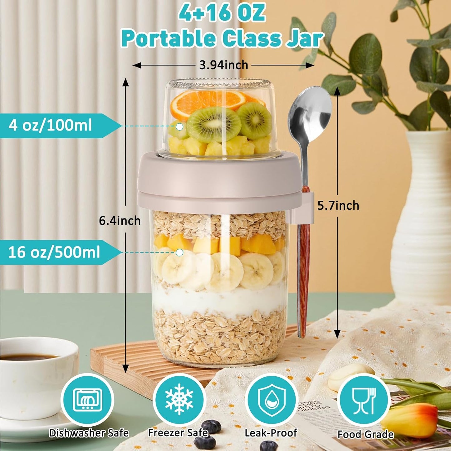 4 Pack Overnight Oats Containers with Lids and Spoons, 20 oz (16+4) Overnight Oats Jars with Dry and Wet Separation for Oatmeal Cereal Fruit Salad Yogurt, Dual-Layer Yogurt Containers with Lids