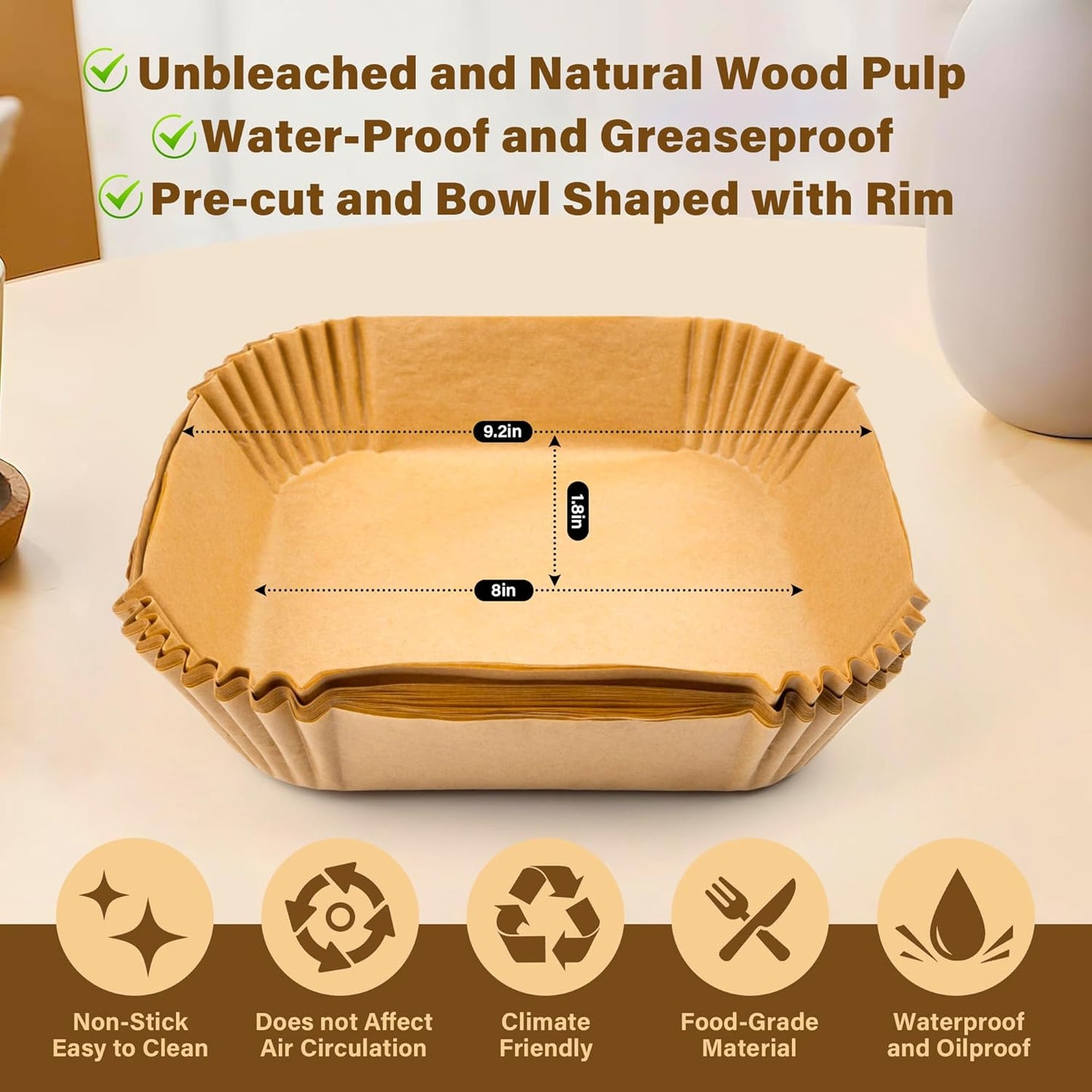 Air Fryer Liners Disposable, 125Pcs Parchment Paper, 8 Inch Non-stick Air Fryer Paper Liners, Unbleached Square Airfryer Liners for 5-8QT Air Fryer, Baking, Roasting Microwave