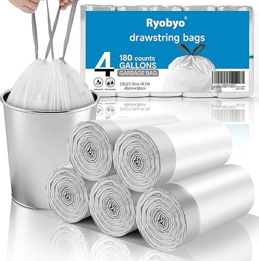 180 Counts Drawstring Small Trash Bags 2-4 Gallon, 4 Gallon Mini Trash Bag Extra Strong, Small Garbage Bags Unscented, Stretchy, Quick Cinch for Bathroom Bedroom Office,White