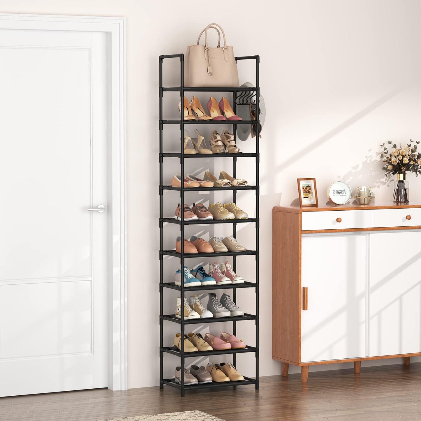 10 Tiers Tall Shoe Rack 20-25 Pairs Boots Organizer Storage Sturdy Narrow Shoe Shelf for Entryway, Closets with Hooks, Black