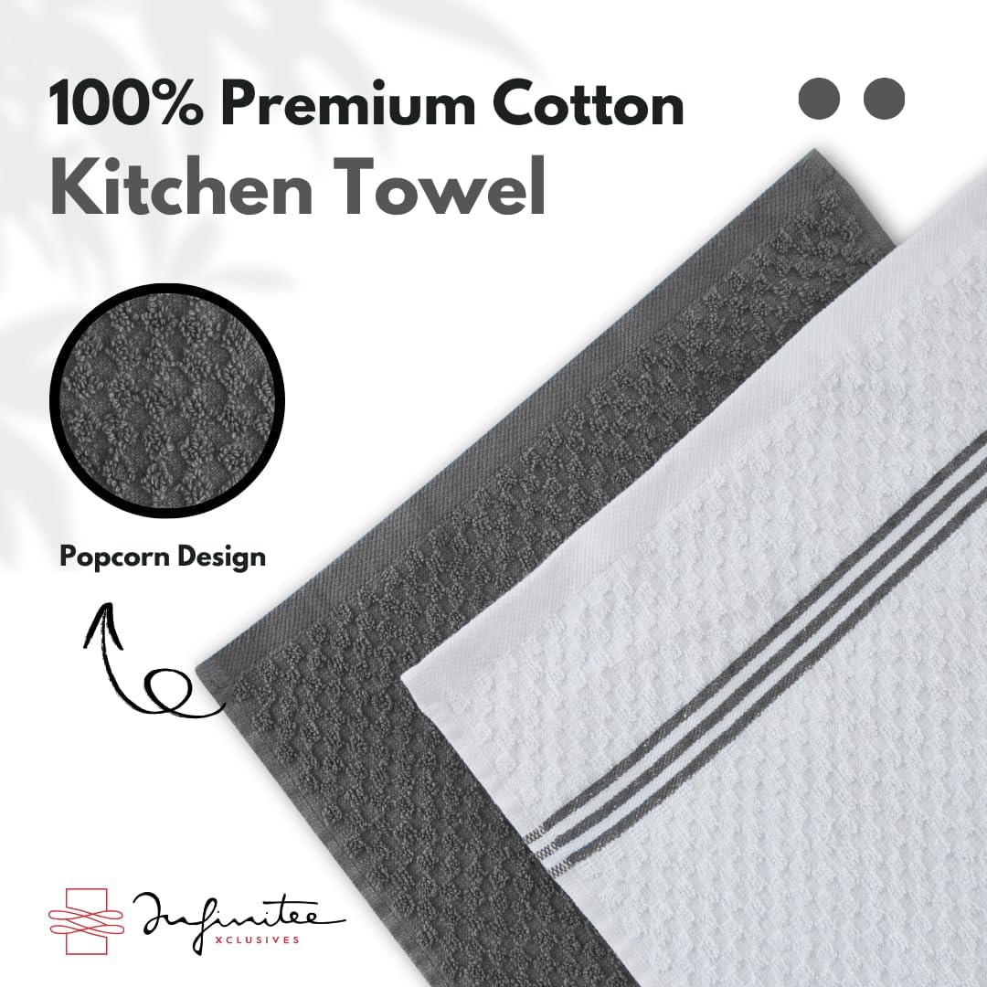 Infinitee Xclusives 100% Cotton Kitchen Towels - 15x25 Inch Ultra Soft Tea Towel, Super Absorbent Terry Dish Towels for Kitchen Linens |Grey|
