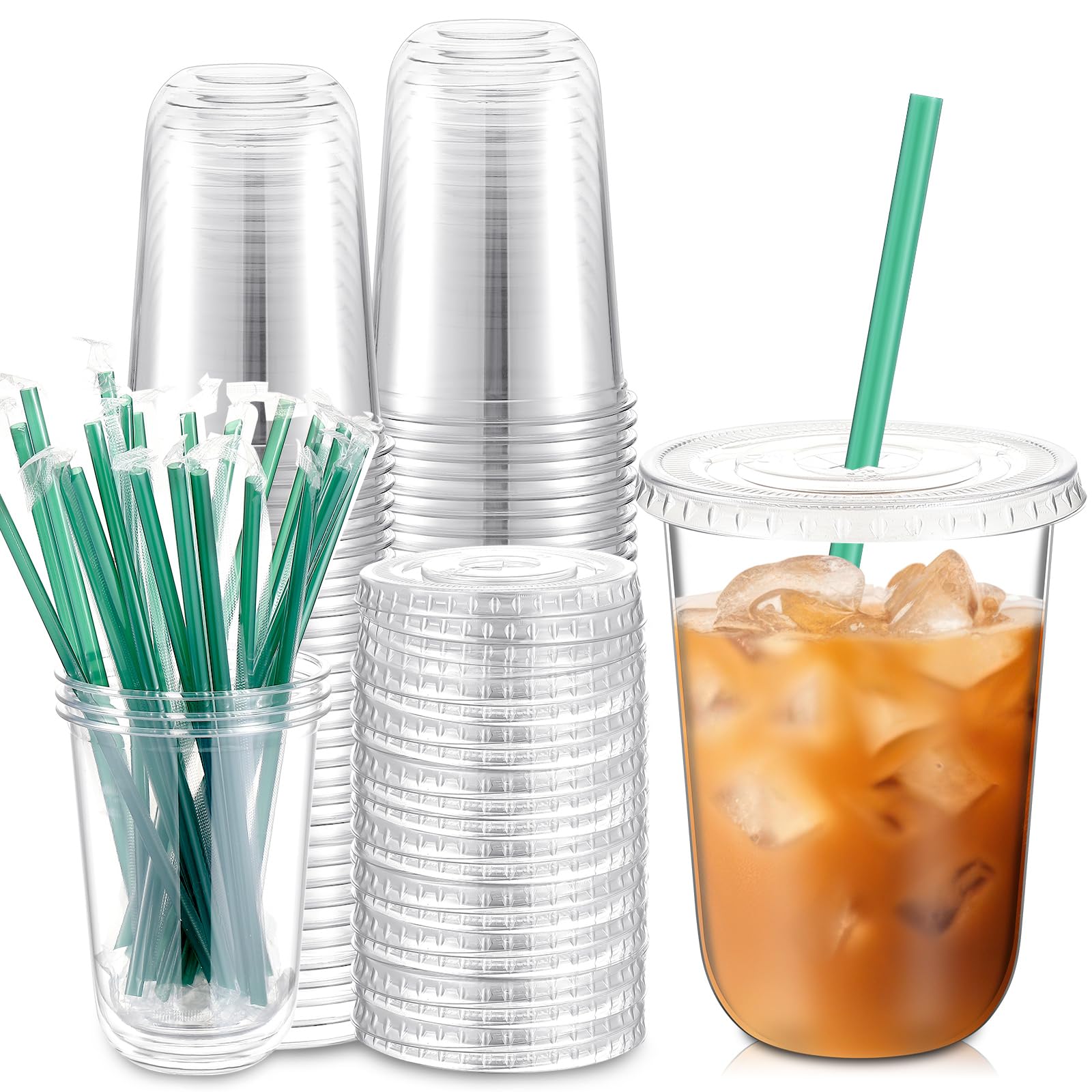 Baderke 25 Set Plastic Cups with Lids and Straws, Disposable Plastic Iced Coffee Cup for Cold Beverage Juice Smoothie Crystal for Coffee Shops Party Catering(Clear,16 oz)