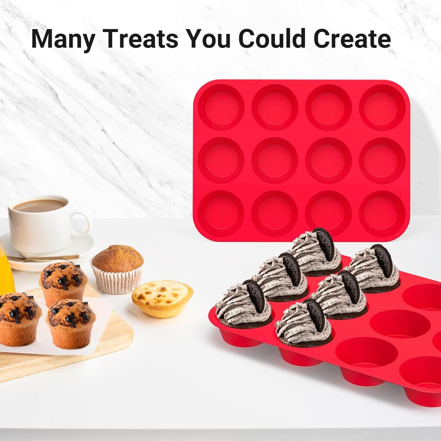 Redfly 2 Pack Silicone Muffin Pan & Cupcake Pans for Baking - 12 Cup Regular Size BPA Free Egg Bites Molds
