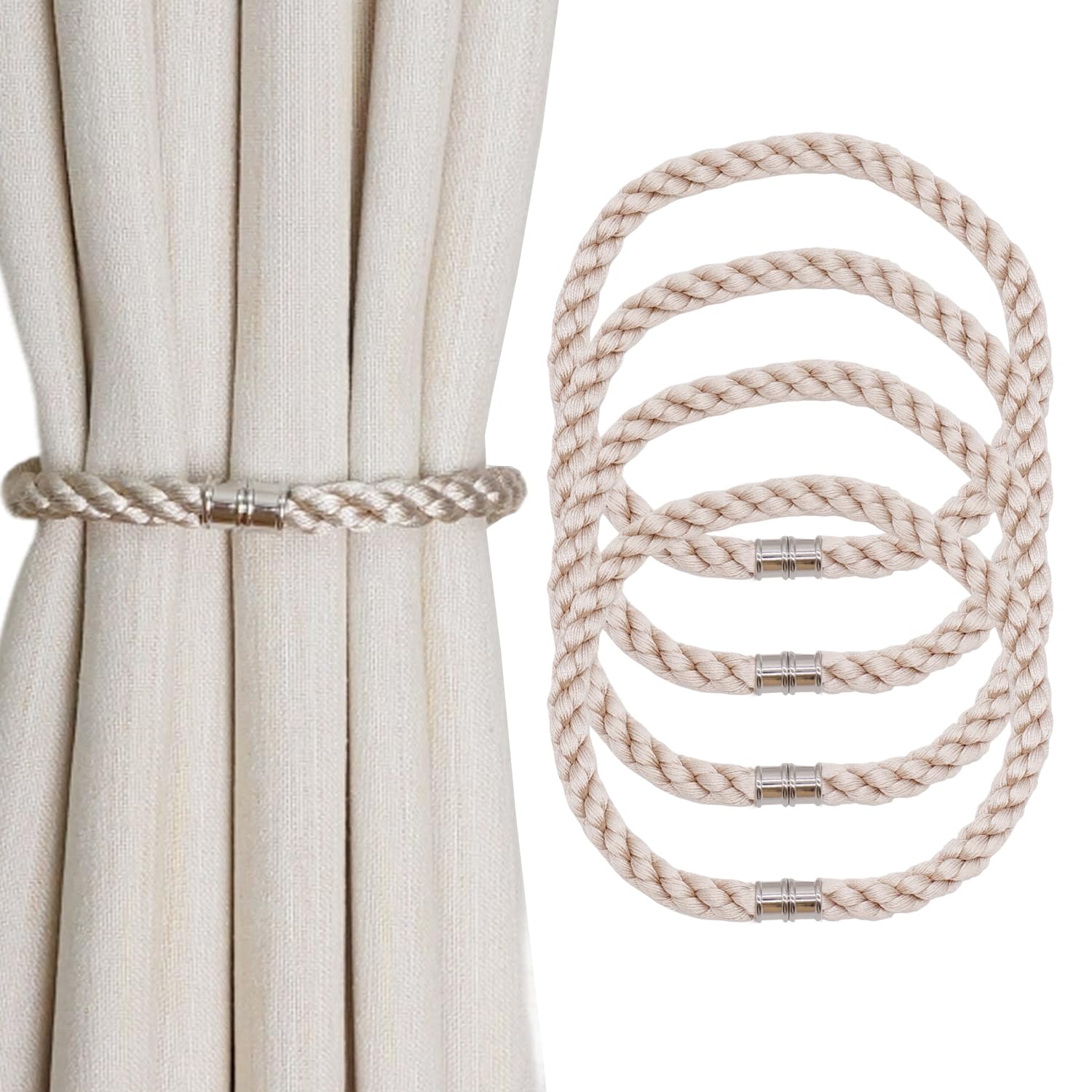 Magnetic Curtain Tiebacks, 4pcs Modern Handmade Rope Curtain Tie Backs Decorative Curtain Holdbacks Holders Cord for Window Sheer Drapes Indoor Outdoor, Beige