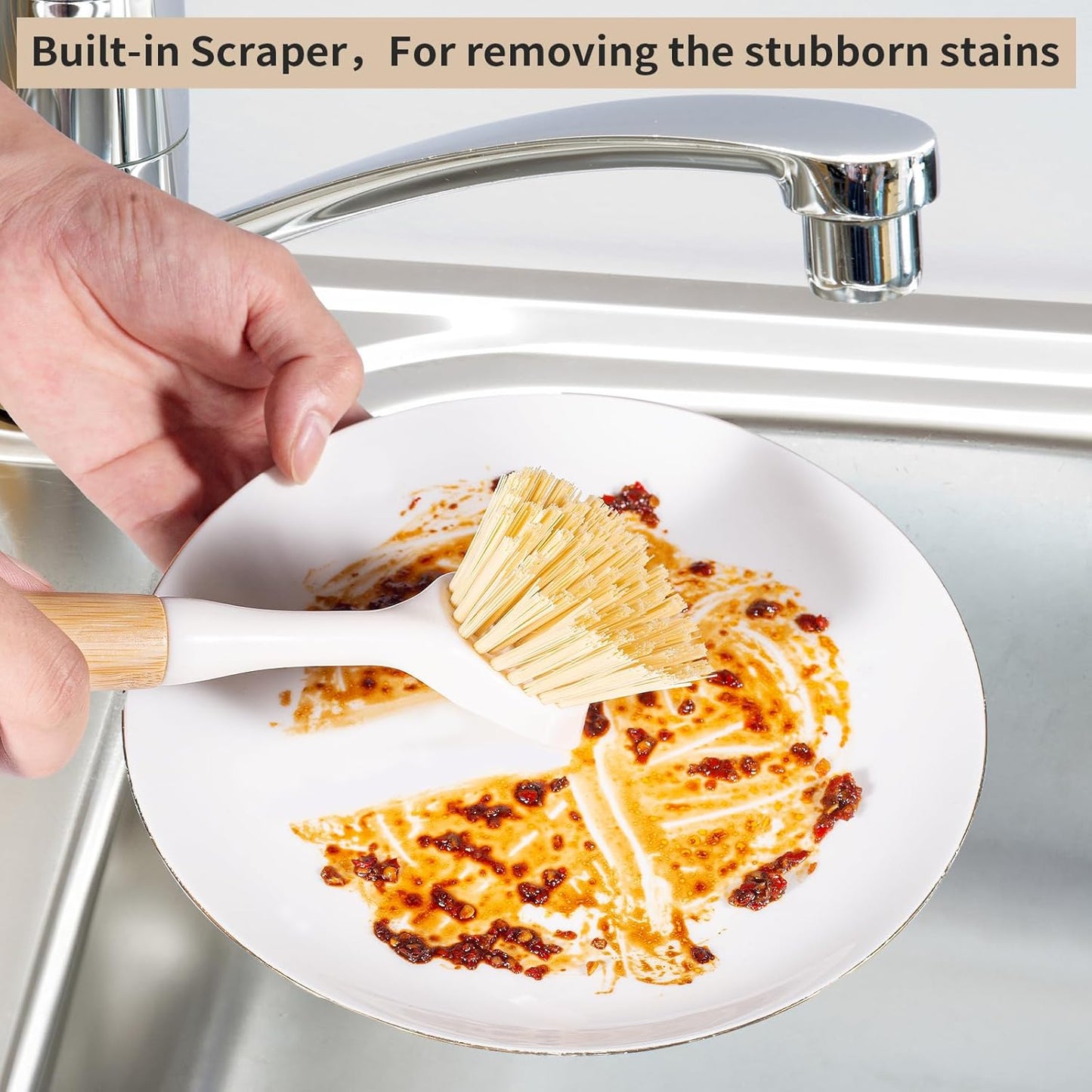 Kitchen Dish & Cast Iron Brush with Scraper, [2 Pack] Skillet Scrub Cleaner with Handle, Kitchen Cleaning Scrubber for Dishes, Pots, Cast Iron Skillet, Non-Stick Frying Pans, Sinks and House Cleaning