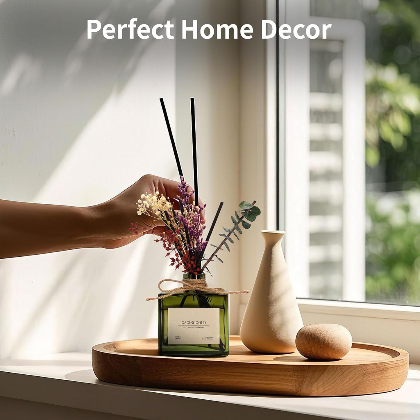 Reed Diffuser, 6.09 oz Earthy Sandalwood Scent Diffuser with Sticks & Dried Flowers, 120 Days Long Lasting diffusers for Home, Elegant Fragrance for Bathroom Bedroom Office Decor Air Fresh