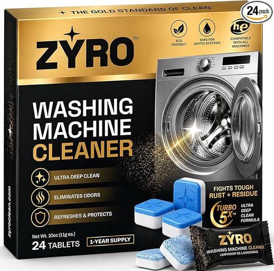 Washing Machine Cleaner Tablets | 24 Pack | Ultra Deep Clean | Eliminates Odors | Washer Cleaner Tablets for HE Front Loader & Top Load Washer | Compatible with All Machines | 1 Year Supply | Zyro