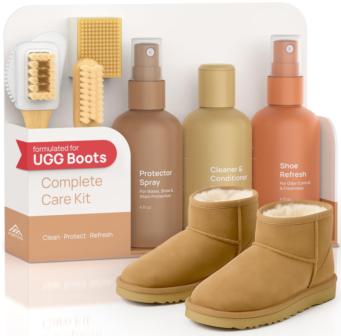 FORTIVO Suede Cleaning Kit Compatible for UGG Footwear - Sheepskin & Suede Gentle Cleaner and Conditioner, Protector Spray, Odor Remover, Suede Stain Nap Eraser, Dual Brush Set for UGG Shoes