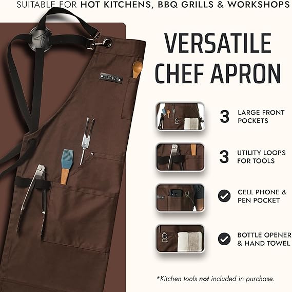 Asaya Chef and BBQ Apron with Bottle Opener and Hand Towel - 10oz Cotton Canvas, Stainless Steel Hardware - Cross Back Straps
