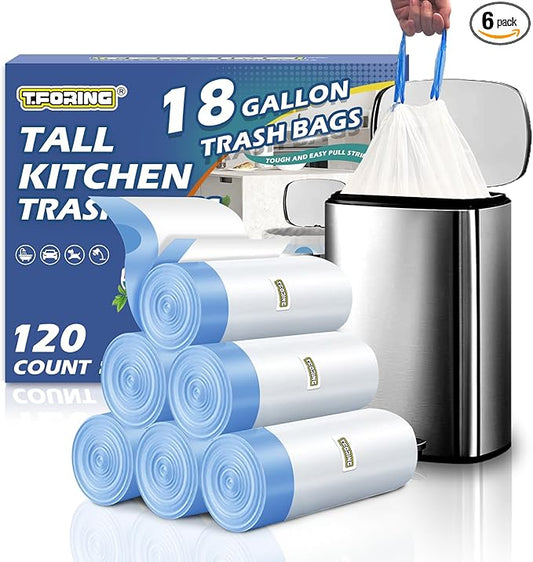 18 Gallon Trash Compactor Bags with Drawstring - 120 Count Heavy Duty 1.7 Mil Garbage Bags 68 Liter Tall Kitchen Bin Liners Unscented White for Home Yard Lawn