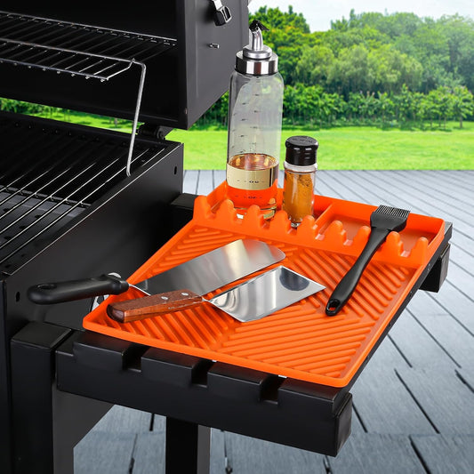 Silicone Tools Mat for Griddle Kitchen Cooking Baking Countertop-Side Shelf Spatula Mat with Drip Pad for Blackstone Weber Traeger Pit Boss Flat Top Grill Smoker- BBQ Accessories Gifts for Men(Orange)