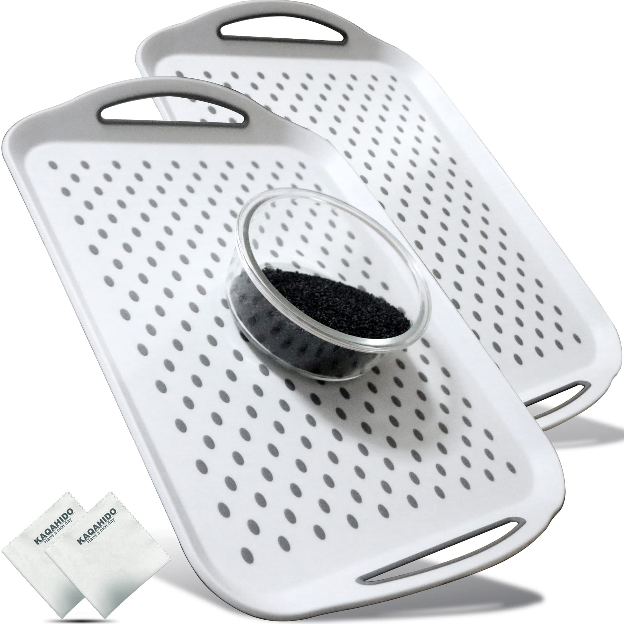 Large Non Slip Serving Tray with Handles, Silicone Gripping Nubs Lap Food Trays for Eating, Dishwasher Safe Serve for Dinner Snack Fruit Dessert Breakfast Beverage, Rectangular, Set of 2, White