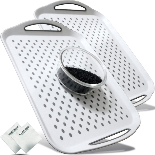 Large Non Slip Serving Tray with Handles, Silicone Gripping Nubs Lap Food Trays for Eating, Dishwasher Safe Serve for Dinner Snack Fruit Dessert Breakfast Beverage, Rectangular, Set of 2, White