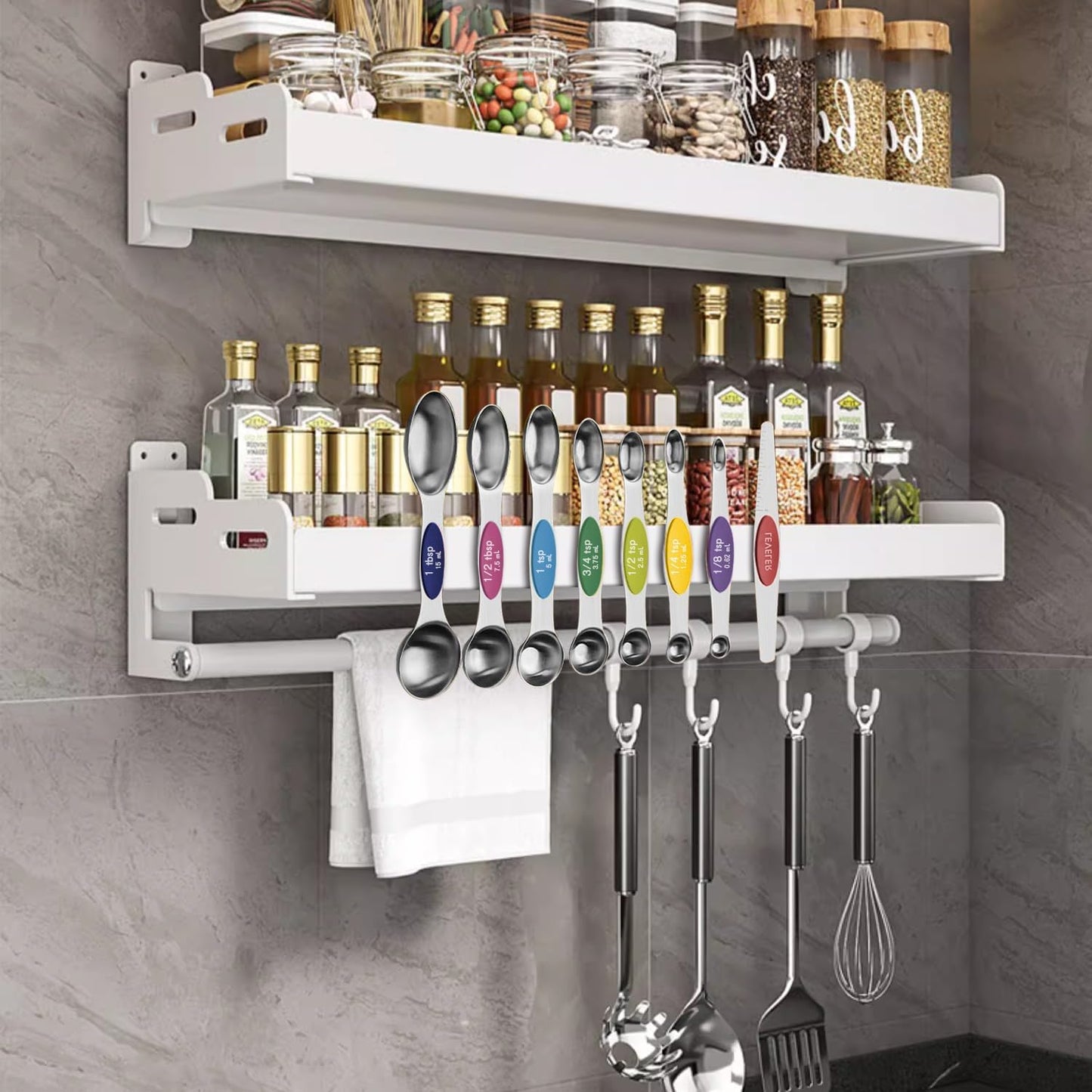 ChefAide Pack of 8 Stainless Steel Magnetic Measuring Spoons Set, Dual Sided, Stackable, Adjustable Teaspoon and Tablespoon Measure Spoon with Leveler, Kitchen Gadgets