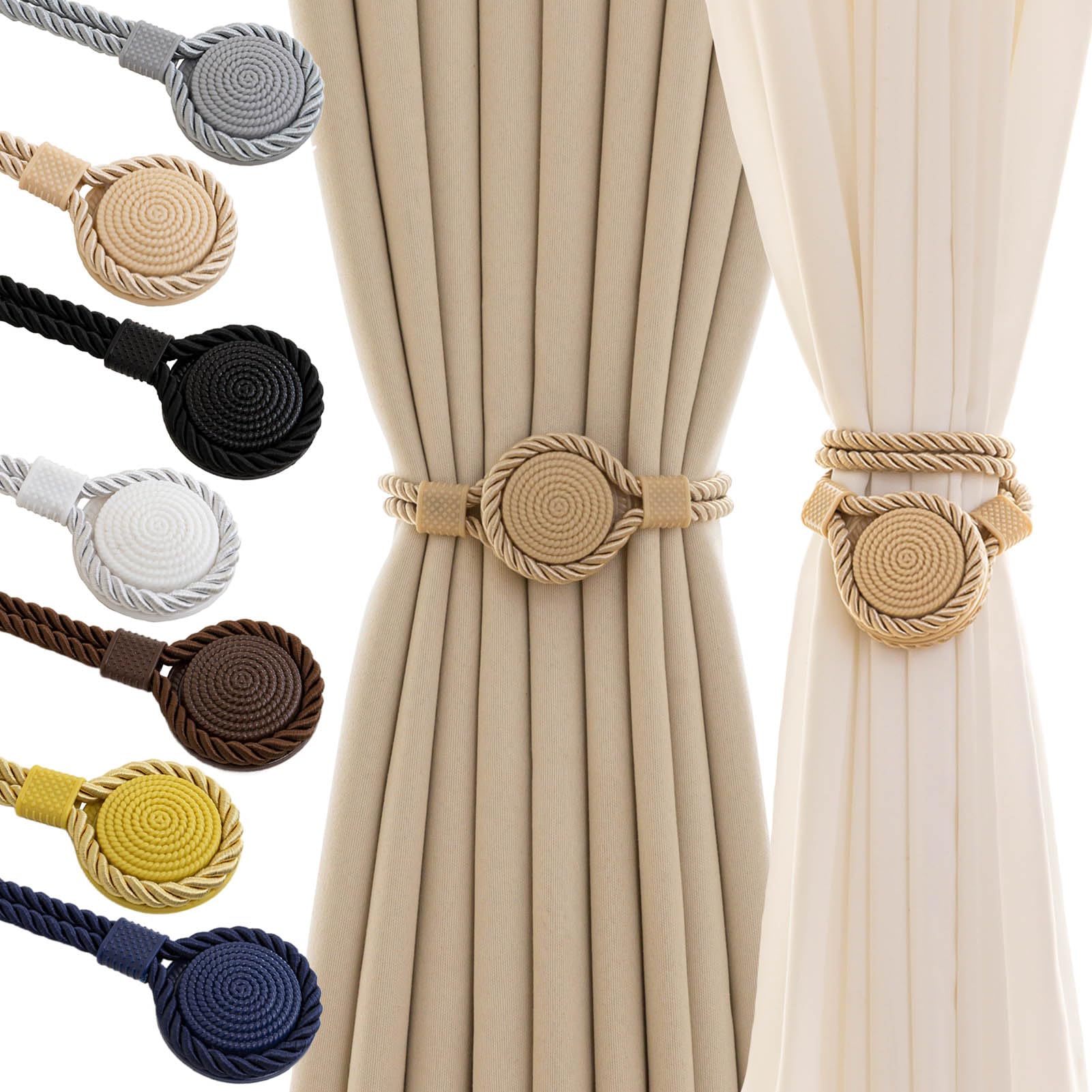 Curtain Tiebacks Magnetic Rope Curtain Tie Backs for Curtains 2 Pack Handmade Outdoor Window Curtain Holdbacks for Drapes, Beige