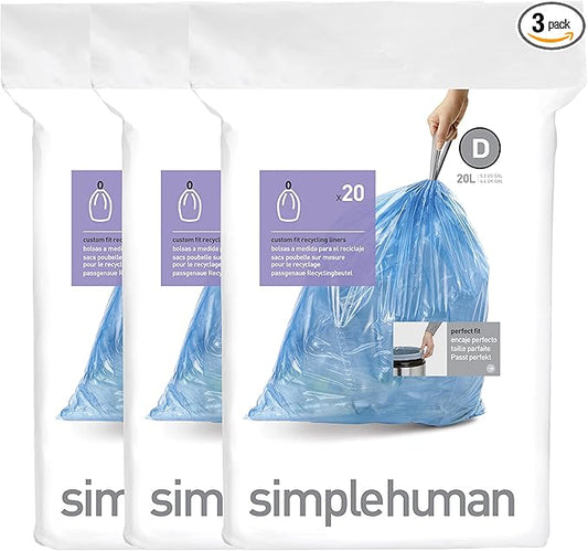 simplehuman Code D 60 Count, Genuine Custom Fit Liners, Drawstring Trash Bags in Dispenser Packs, 20 Liter / 5.3 Gallon, Blue