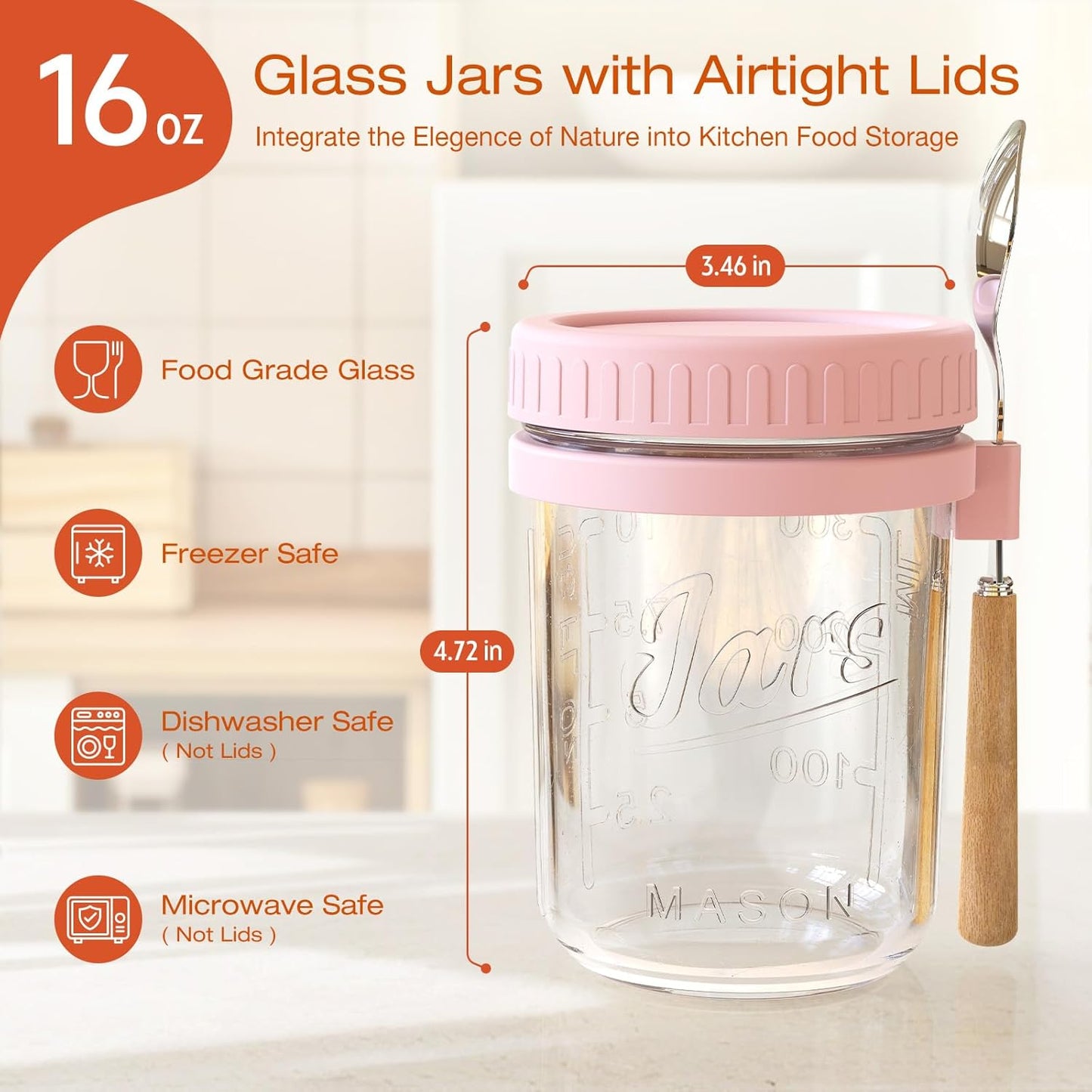 16oz Overnight Oats Containers with Lids and Spoons, 6 Pack Wide Mouth Mason Jars with Airtight Lids, Overnight Oats Jars for Salad, Chia Seed, Cereal, Yogurt
