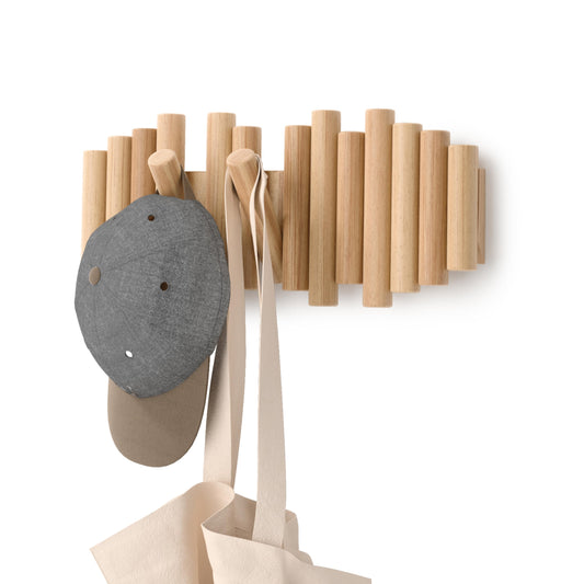 Umbra Picket Coat Rack Wall Mount – 5 Flip-Down Wood Coat Hooks, Modern & Functional Storage, Easy Install Wall Hooks, Natural