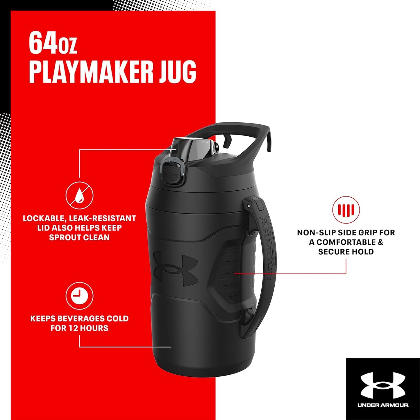 Under Armour Half Gallon Water Bottle Insulated, 64oz Insulated Water Bottle with Handle, Fence Hook, Leak Resistant, for Baseball, Football & More, Black/Black