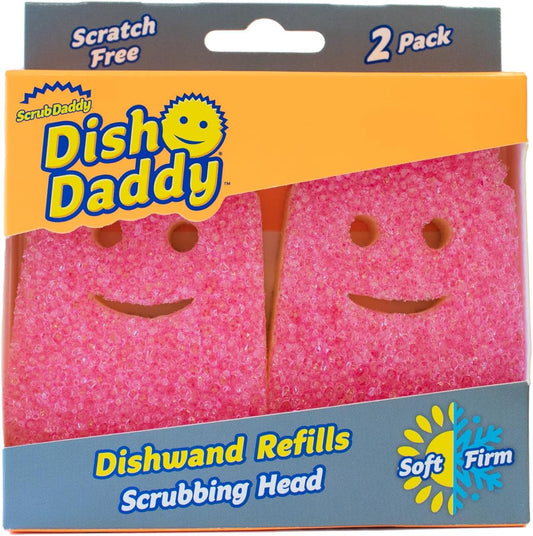 Scrub Daddy Dish Wand Scrubbing Brush Replacement Heads, Soap Dispensing Brushes, Texture Changing Washing Up Sponges, Detachable Dish Daddy Head Sponge Refills, Pink 2 Pack