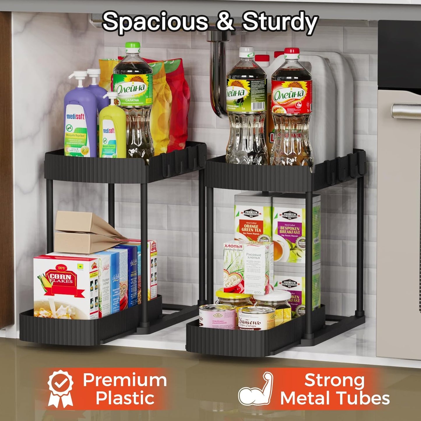Ukeetap Multi-Purpose Pull-Out Storage Organizers, Under Sink/Cabinet Organizers and Storage for Bathroom & Kitchen, Black, 12.8 Inches, 2 Packs