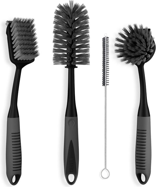 Dish Brush Set of 4 - Kitchen Scrub Brushes with Non-Slip Long Handle for Cleaning, Scrubber, Dishwashing, Dishes, Bottles, Straws, Cups, Pots & Sink, Black
