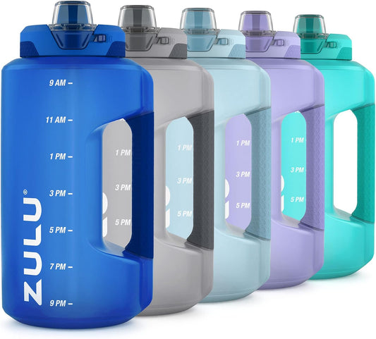 ZULU Goals 64oz Half Gallon Plastic Water Bottle with Straw and Time Marker | Large Reusable Jug with Handle and Leak Proof Lid for All Day Hydration, Gym and Outdoors, Gift Ready, Royal Blue