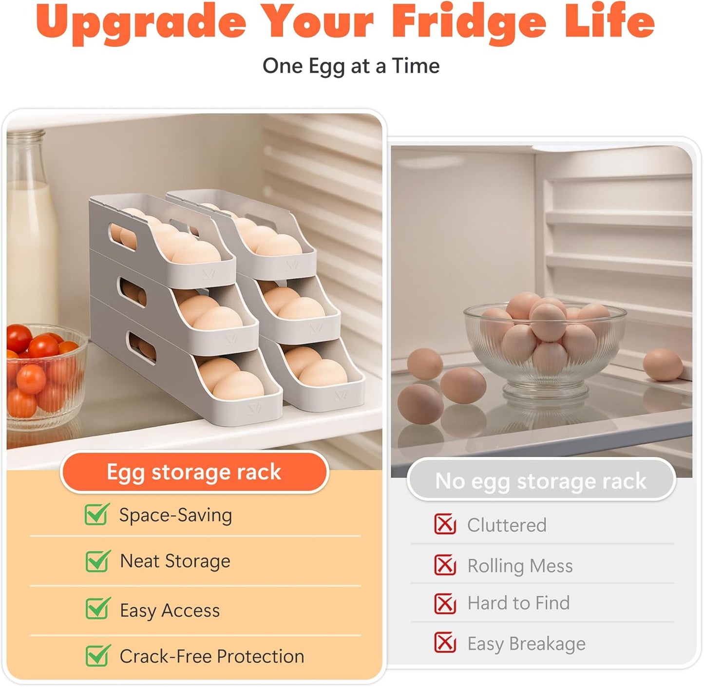 Li&Zhao Rolling Egg Dispenser for Refrigerator - Automatic Egg Holder for Fridge Space Saving Egg Tray Organizer for Countertop, Kitchen Storage(Gray)