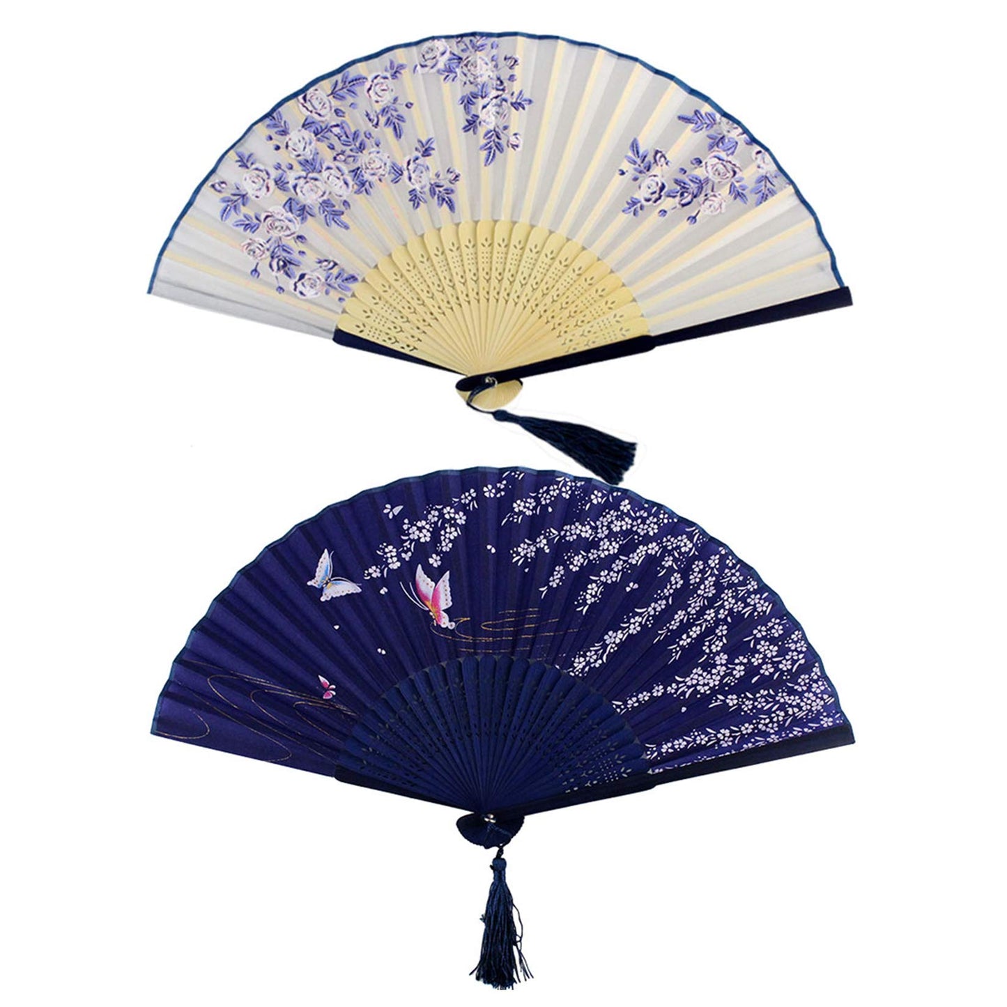 Bantoye 2 Pieces Handheld Fans, Silk Folding Fans with Bamboo Frames for Dancing Cosplay Wedding Party Props Decoration, White Blue