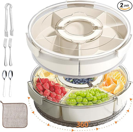 2 Pack Rotating Snackle Box Container with Lid and Handle | 6 Compartments Round Lazy Susan 360° Divided Serving Tray, Portable Clear Organizer for Fruit, Candy, Veggies, Charcuterie, Party & Picnic