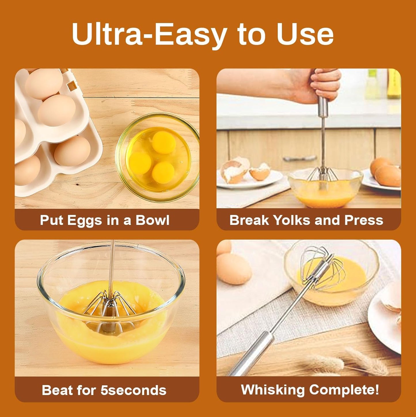 Stainless Steel Semi-Automatic Whisk, 2024 New Stainless Steel Egg Whisk Hand Push Rotary Whisk Blender, Hand Push Mixer Stirrer Tool for Cooking Kitchen Home Egg Milk (10in)