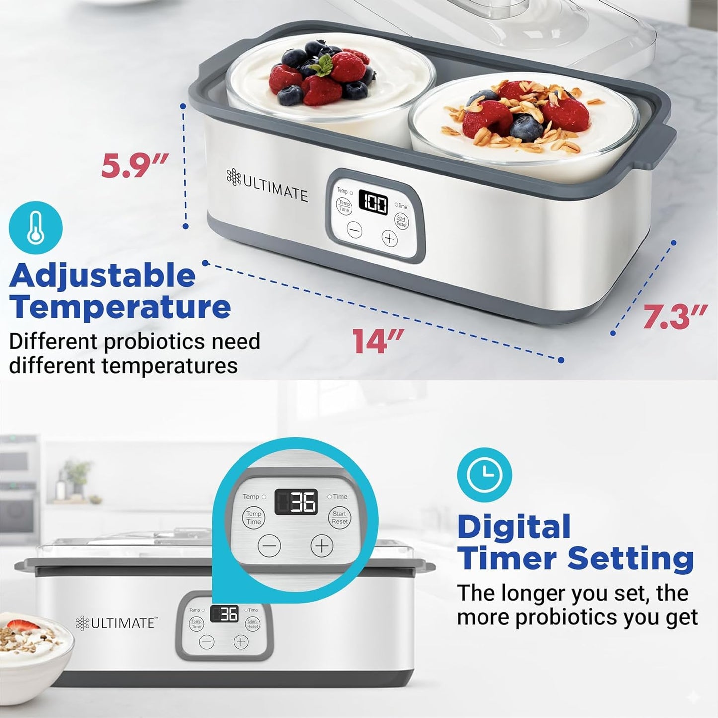 Ultimate Probiotic Yogurt Maker with Adjustable Time & Temp Control - Make Trillions of Live Probiotics with Two 1-Quart Containers for Larger Batches - Greek Yogurt Maker - ULTIMATE LIFETIME WARRANTY